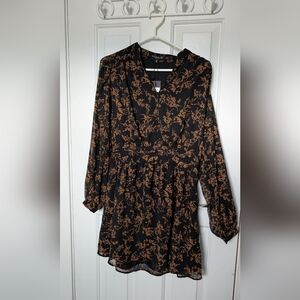 Dynamite Black & Brown Floral V-Neck Mini Dress | Long Sleeve | Size S | NWT
